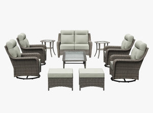 OuterCraft 10-piece dark PE rattan patio set with loveseat, 360-degree swivel rocker chairs, ottomans, side table and coffee table set with 6-inch thick light gray cushions on clean white background