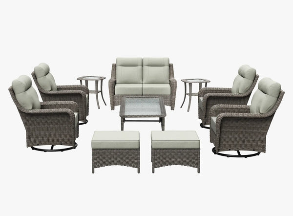 OuterCraft 10-piece dark PE rattan patio set with loveseat, 360-degree swivel rocker chairs, ottomans, side table and coffee table set with 6-inch thick light gray cushions on clean white background
