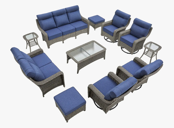 OuterCraft 11-piece dark PE rattan patio set with 3-seater sofa, loveseat, 360-degree swivel rocker chairs, ottomans, coffee table and side tables with 6-inch thick blue cushions on clean white background