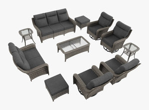 OuterCraft 11-piece dark PE rattan patio set with 3-seater sofa, loveseat, 360-degree swivel rocker chairs, ottomans, coffee table and side tables with 6-inch thick dark gray cushions on clean white background