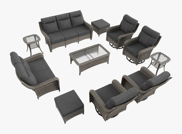 OuterCraft 11-piece dark PE rattan patio set with 3-seater sofa, loveseat, 360-degree swivel rocker chairs, ottomans, coffee table and side tables with 6-inch thick dark gray cushions on clean white background