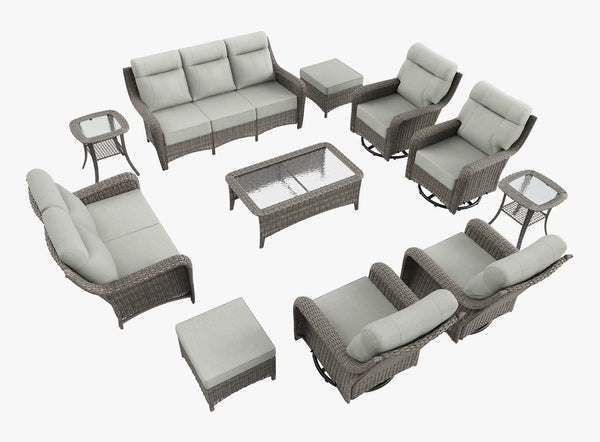 OuterCraft 11-piece dark PE rattan patio set with 3-seater sofa, loveseat, 360-degree swivel rocker chairs, ottomans, coffee table and side tables with 6-inch thick light gray cushions on clean white background