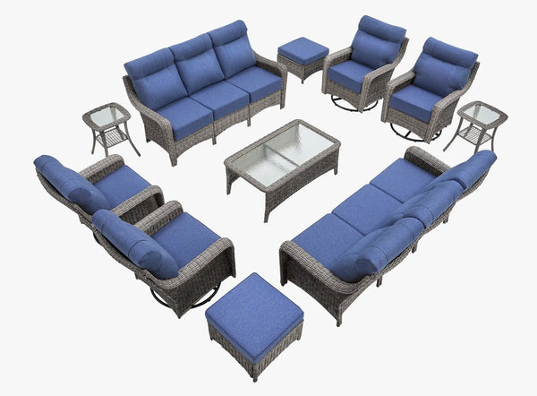 OuterCraft 11-piece dark PE rattan patio set with 3-seater sofas, 360-degree swivel rocker chairs, ottomans, coffee table and side tables with 6-inch thick blue cushions on clean white background