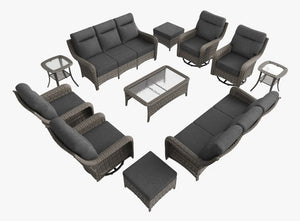 OuterCraft 11-piece dark PE rattan patio set with 3-seater sofas, 360-degree swivel rocker chairs, ottomans, coffee table and side tables with 6-inch thick dark gray cushions on clean white background