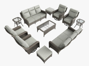 OuterCraft 11-piece dark PE rattan patio set with 3-seater sofas, 360-degree swivel rocker chairs, ottomans, coffee table and side tables with 6-inch thick light gray cushions on clean white background