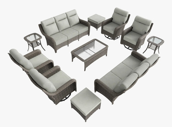 OuterCraft 11-piece dark PE rattan patio set with 3-seater sofas, 360-degree swivel rocker chairs, ottomans, coffee table and side tables with 6-inch thick light gray cushions on clean white background
