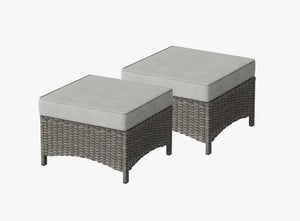 OuterCraft dark PE rattan hand-woven ottomans with thick light gray cushions on clean white background