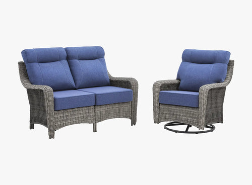 OuterCraft dark PE rattan loveseat and 360-degree swivel rocker chairs with 6-inch thick blue cushions on clean white background