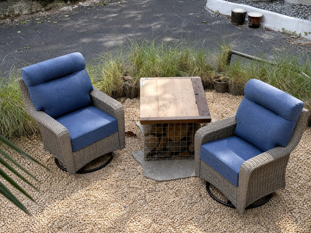 OuterCraft 2-piece dark PE rattan 360-degree swivel rocker chairs and 6-inch thick blue cushions styled on a grand estate patio