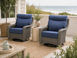 OuterCraft 2-piece dark PE rattan 360-degree swivel rocker chairs and 6-inch thick blue cushions styled on a grand estate patio