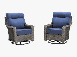 OuterCraft 2-piece dark PE rattan 360-degree swivel rocker chairs and 6-inch thick blue cushions on clean white background