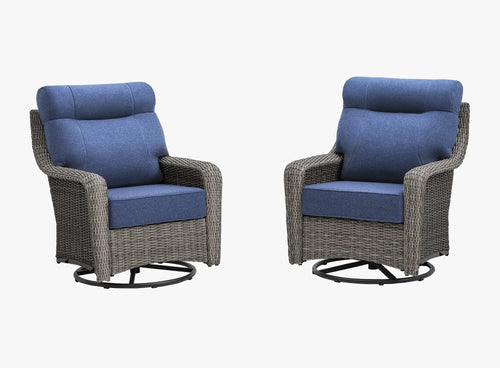 OuterCraft 2-piece dark PE rattan 360-degree swivel rocker chairs and 6-inch thick blue cushions on clean white background