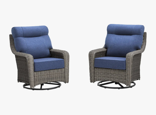 OuterCraft 2-piece dark PE rattan 360-degree swivel rocker chairs and 6-inch thick blue cushions on clean white background