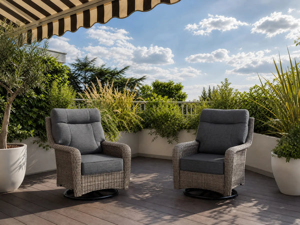 OuterCraft 2-piece dark PE rattan 360-degree swivel rocker chairs and 6-inch thick dark gray cushions styled on a grand estate patio