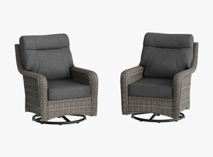 OuterCraft 2-piece dark PE rattan 360-degree swivel rocker chairs and 6-inch thick dark gray cushions on clean white background
