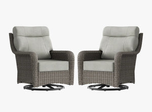 OuterCraft 2-piece dark PE rattan 360-degree swivel rocker chairs and 6-inch thick light gray cushions on clean white background