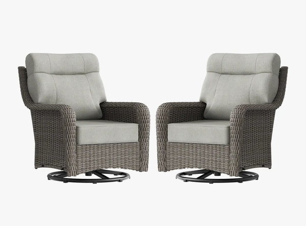 OuterCraft 2-piece dark PE rattan 360-degree swivel rocker chairs and 6-inch thick light gray cushions on clean white background