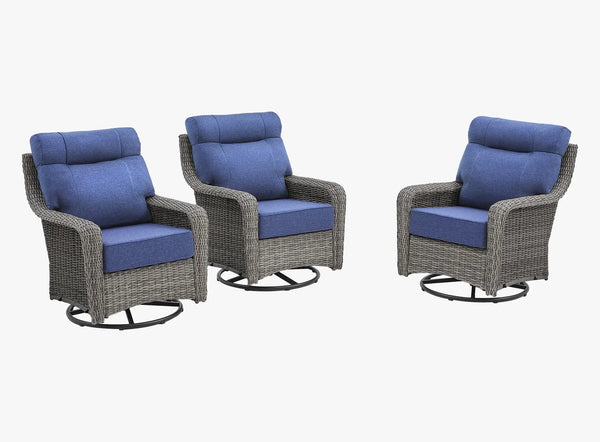OuterCraft 3-piece dark PE rattan 360-degree swivel rocker chairs and 6-inch thick blue cushions on clean white background