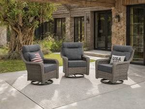 OuterCraft 3-piece dark PE rattan 360-degree swivel rocker chairs and 6-inch thick dark gray cushions styled on a grand estate patio
