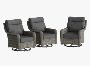 OuterCraft 3-piece dark PE rattan 360-degree swivel rocker chairs and 6-inch thick dark gray cushions on clean white background