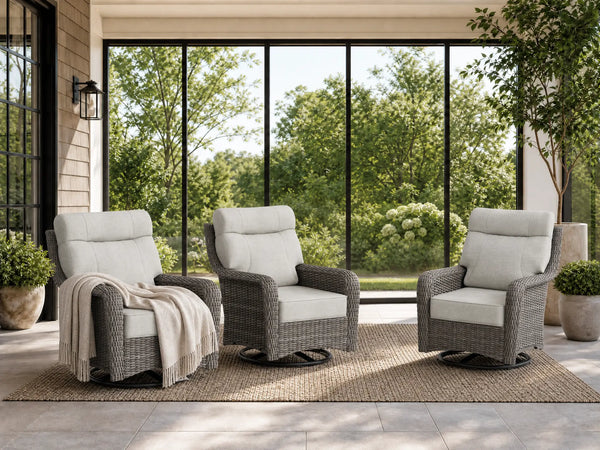 OuterCraft 3-piece dark PE rattan 360-degree swivel rocker chairs and 6-inch thick light dark cushions styled on a grand estate patio