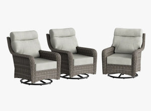 OuterCraft 3-piece dark PE rattan 360-degree swivel rocker chairs and 6-inch thick light gray cushions on clean white background
