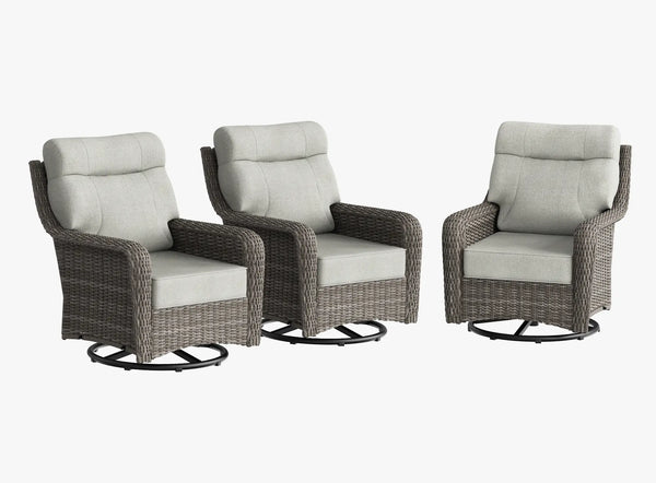 OuterCraft 3-piece dark PE rattan 360-degree swivel rocker chairs and 6-inch thick light gray cushions on clean white background
