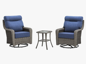 OuterCraft 3-piece dark PE rattan 360-degree swivel rocker chairs and side table set with 6-inch thick blue cushions on clean white background