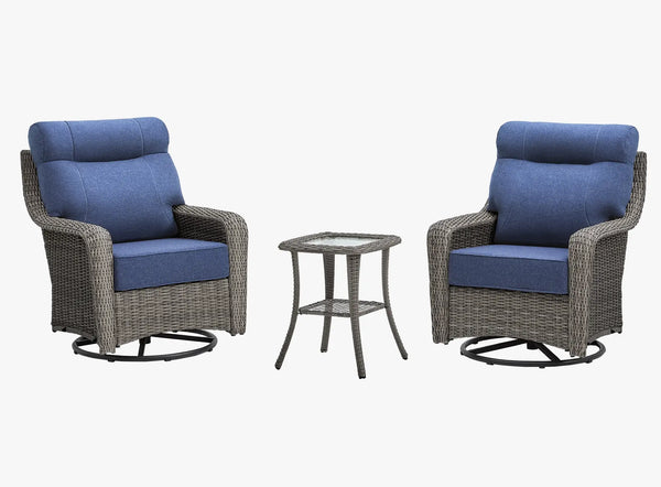 OuterCraft 3-piece dark PE rattan 360-degree swivel rocker chairs and side table set with 6-inch thick blue cushions on clean white background