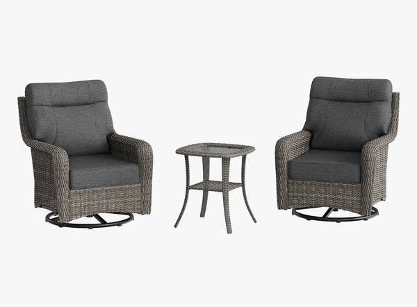 OuterCraft 3-piece dark PE rattan 360-degree swivel rocker chairs and side table set with 6-inch thick dark gray cushions on clean white background