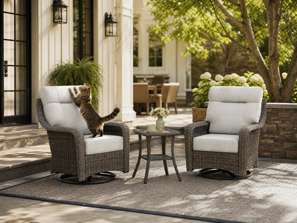 OuterCraft 3-piece dark PE rattan 360-degree swivel rocker chairs and side table set with 6-inch thick light gray cushions styled on a grand estate patio