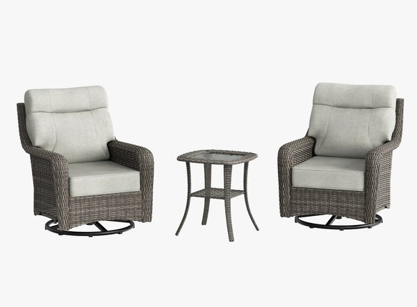 OuterCraft 3-piece dark PE rattan 360-degree swivel rocker chairs and side table set with 6-inch thick light gray  cushions on clean white background