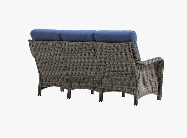 Back view of OuterCraft dark PE rattan 3-seater patio sofa with hand-woven wicker backrest and blue cushions on clean white background