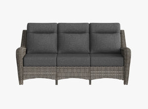 OuterCraft 3-seater all-weather dark PE wicker sofa with 6-inch thick dark gray cushions on clean white background