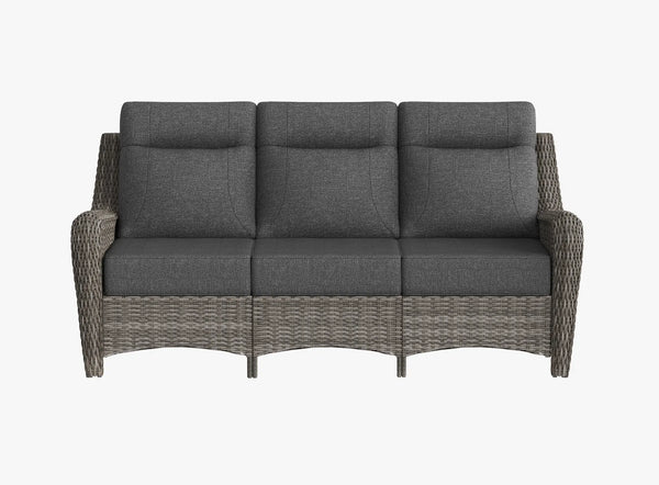 OuterCraft 3-seater all-weather dark PE wicker sofa with 6-inch thick dark gray cushions on clean white background