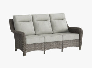 OuterCraft 3-seater all-weather dark PE wicker sofa with 6-inch thick light gray cushions on clean white background