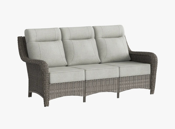 OuterCraft 3-seater all-weather dark PE wicker sofa with 6-inch thick light gray cushions on clean white background