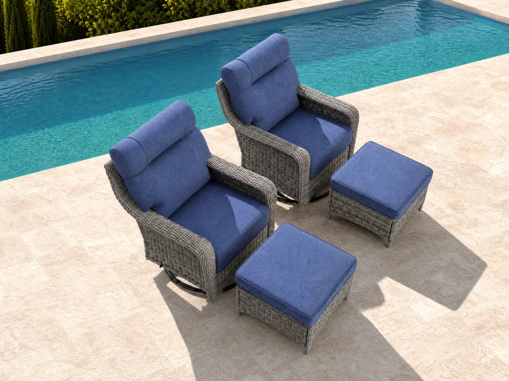 OuterCraft 4-piece dark PE rattan 360-degree swivel rocker chairs with ottomans and 6-inch thick dark gray cushions styled on a grand estate patio