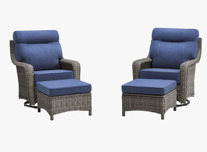 OuterCraft 4-piece dark PE rattan 360-degree swivel rocker chairs with ottomans and 6-inch thick blue cushions on clean white background