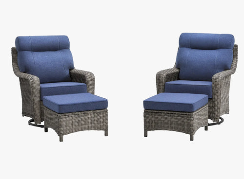 OuterCraft 4-piece dark PE rattan 360-degree swivel rocker chairs with ottomans and 6-inch thick blue cushions on clean white background