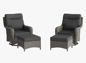OuterCraft 4-piece dark PE rattan 360-degree swivel rocker chairs with ottomans and 6-inch thick dark gray cushions on clean white background