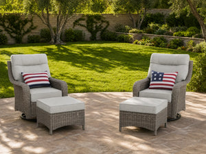 OuterCraft 4-piece dark PE rattan 360-degree swivel rocker chairs with ottomans and 6-inch thick light gray cushions styled on a grand estate patio