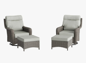 OuterCraft 4-piece dark PE rattan 360-degree swivel rocker chairs with ottomans and 6-inch thick light gray cushions on clean white background