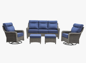 OuterCraft 5-piece dark PE rattan patio set with 3-seater sofa, 360-degree swivel rocker chairs and ottomans set with 6-inch thick blue cushions on clean white background