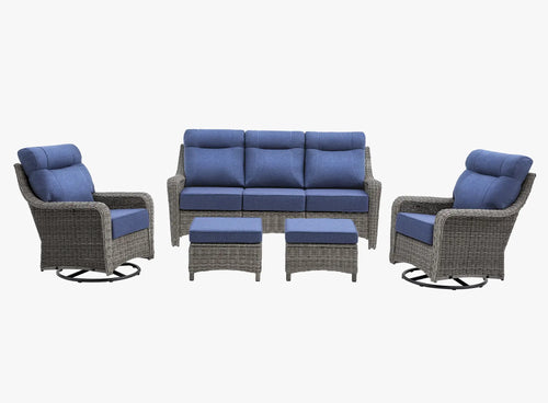 OuterCraft 5-piece dark PE rattan patio set with 3-seater sofa, 360-degree swivel rocker chairs and ottomans set with 6-inch thick blue cushions on clean white background