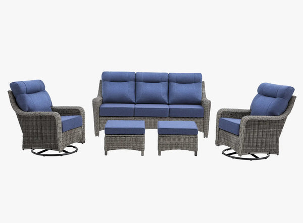 OuterCraft 5-piece dark PE rattan patio set with 3-seater sofa, 360-degree swivel rocker chairs and ottomans set with 6-inch thick blue cushions on clean white background