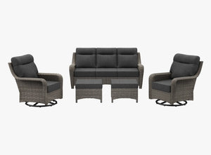 OuterCraft 5-piece dark PE rattan patio set with 3-seater sofa, 360-degree swivel rocker chairs and ottomans set with 6-inch thick dark gray cushions on clean white background