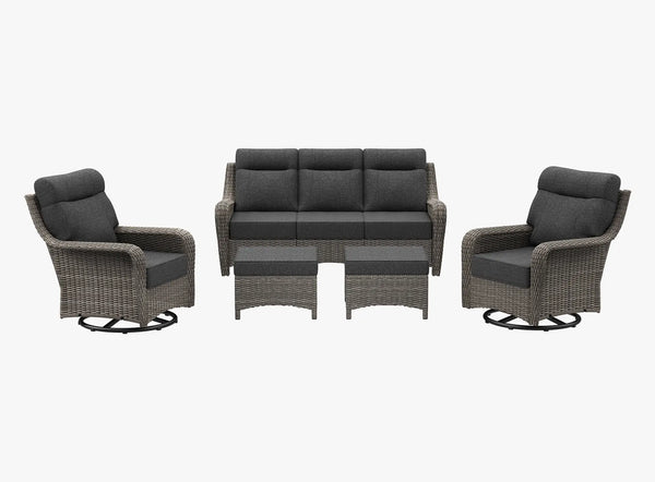 OuterCraft 5-piece dark PE rattan patio set with 3-seater sofa, 360-degree swivel rocker chairs and ottomans set with 6-inch thick dark gray cushions on clean white background
