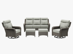 OuterCraft 5-piece dark PE rattan patio set with 3-seater sofa, 360-degree swivel rocker chairs and ottomans set with 6-inch thick light gray cushions on clean white background