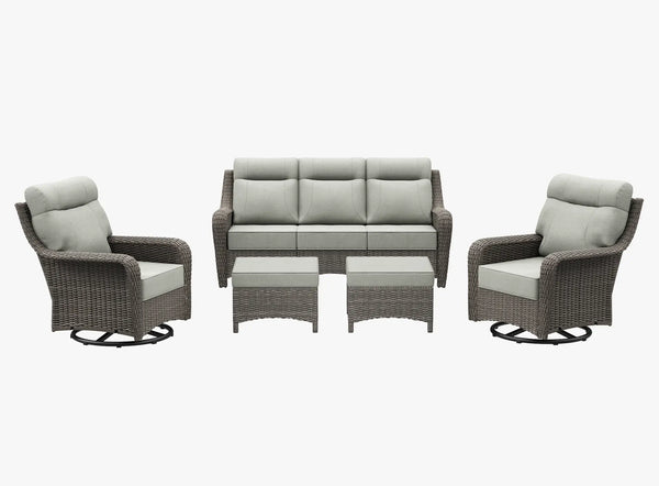OuterCraft 5-piece dark PE rattan patio set with 3-seater sofa, 360-degree swivel rocker chairs and ottomans set with 6-inch thick light gray cushions on clean white background